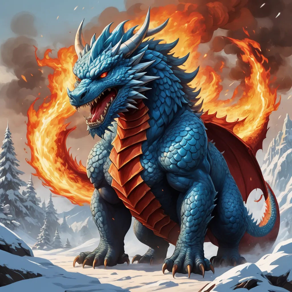 a blue dragon with red wings and a red tail is standing in a snowy landscape with trees and snow, altermodern, concept art, Anne Stokes, dragon art