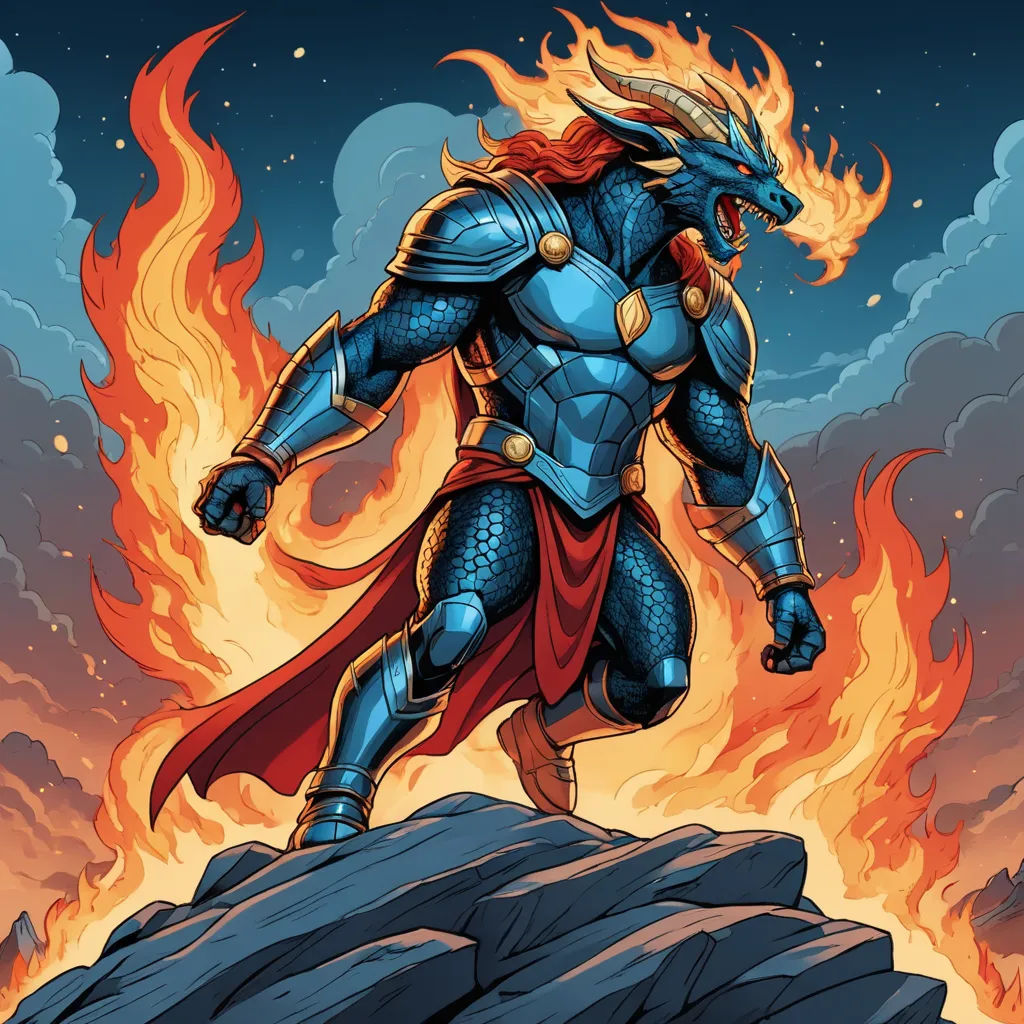 a cartoon of a man in armor standing on a rock with flames behind him and a sword in his hand, fantasy art, a comic book panel, Benjamin Marra, epic fantasy character art