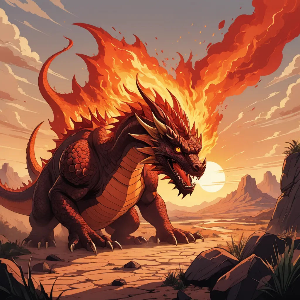 a dragon with a flame on its back walking through a desert area with rocks and grass on the ground, fantasy art, concept art, Dan Mumford, dragon art