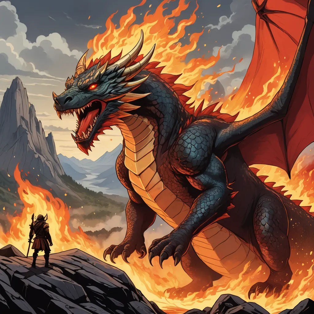 a dragon with a man standing on a mountain top in front of it and a fire breathing dragon in the background, fantasy art, a comic book panel, Andreas Rocha, magic the gathering artwork