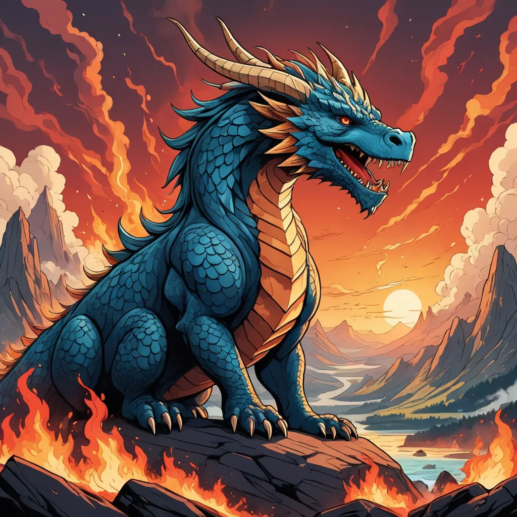 a blue dragon sitting on top of a rock near a mountain range with a sunset in the background and a red sky, fantasy art, a comic book panel, Dan Mumford, dragon art