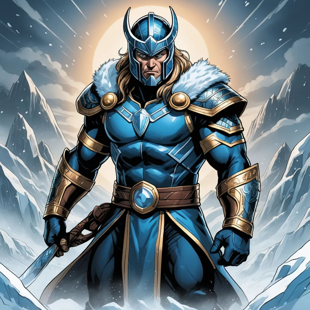 a man in a blue suit with a sword in his hand and a mountain in the background with snow, fantasy art, a comic book panel, Aleksi Briclot, epic fantasy character art