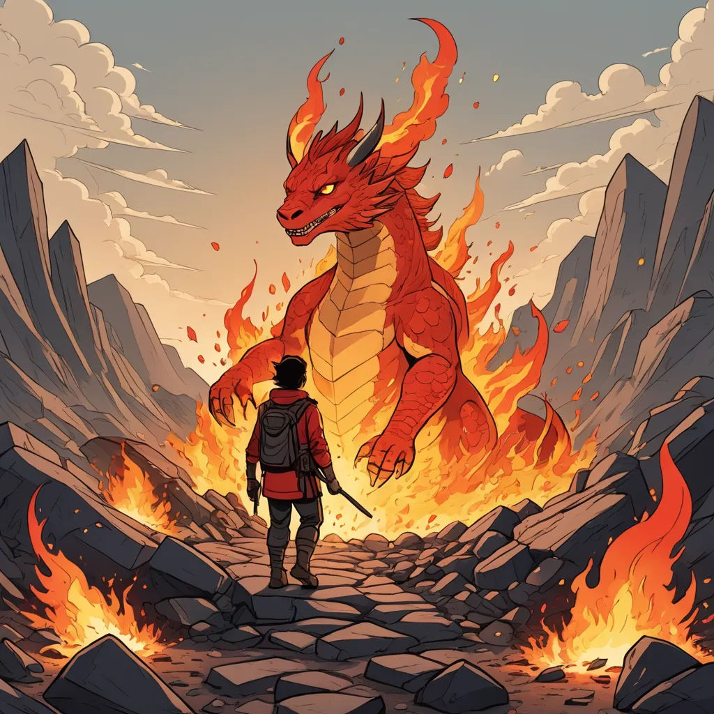 a man standing in front of a fire breathing dragon on a rocky road with a backpack on his back, fantasy art, a storybook illustration, Dan Mumford, comic cover art