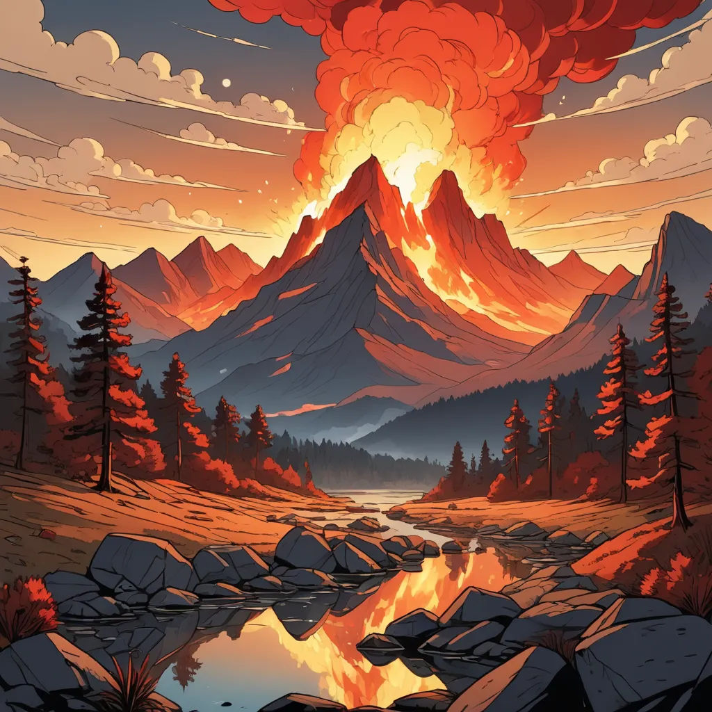 a painting of a mountain scene with a river and trees in the foreground and a red sky in the background, fantasy art, poster art, Dan Mumford, josan gonzales and dan mumford