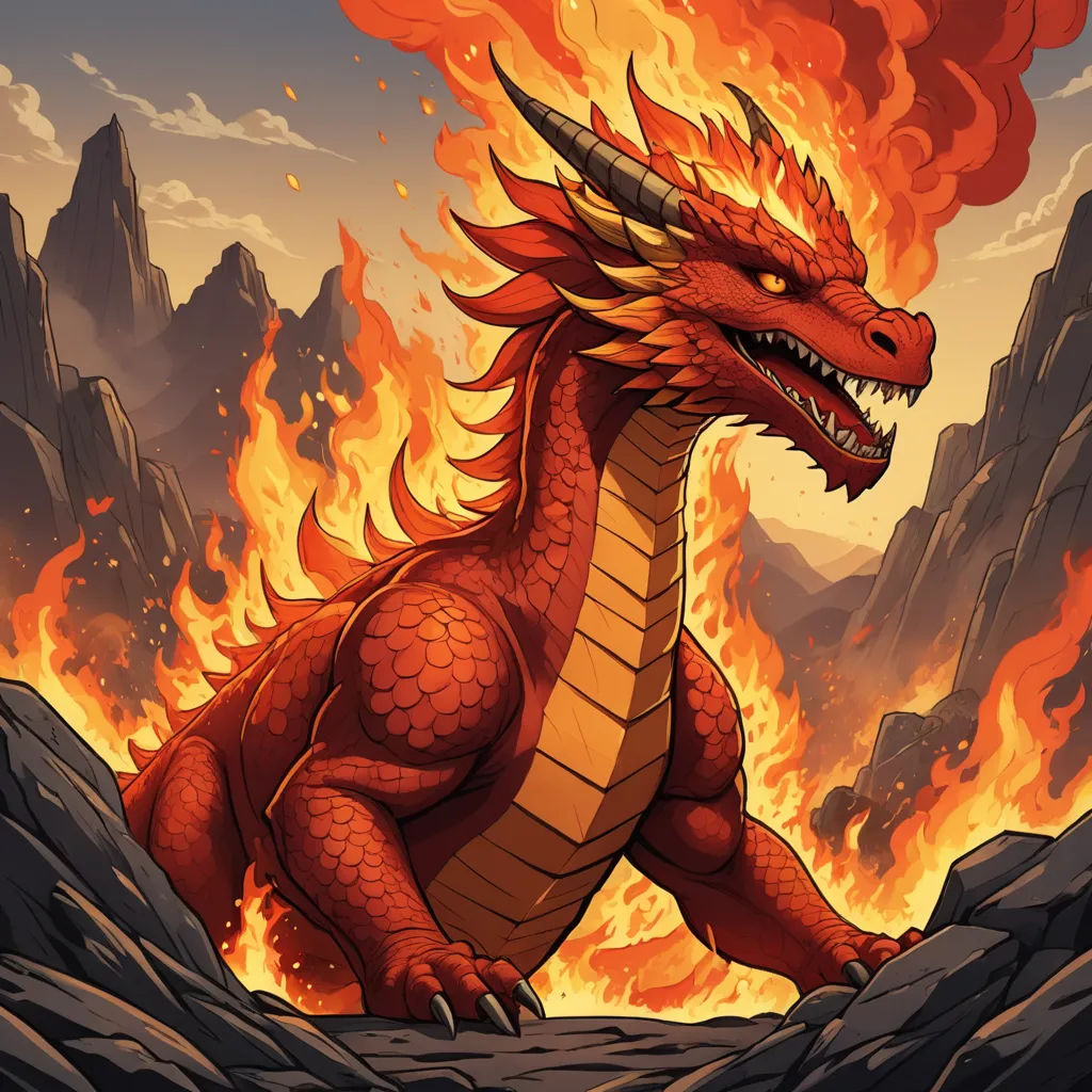 a red dragon with a yellow tail and orange eyes is standing in front of a blazing mountain landscape with rocks and lava, fantasy art, a comic book panel, Dan Mumford, dragon art