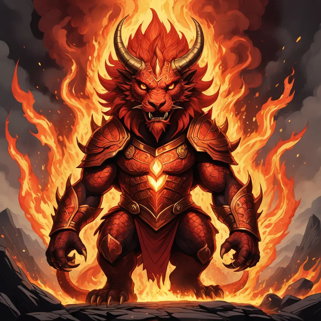 a demon with a heart on its chest standing in front of a fire filled sky with mountains and rocks, furry art, concept art, Anne Stokes, epic fantasy character art