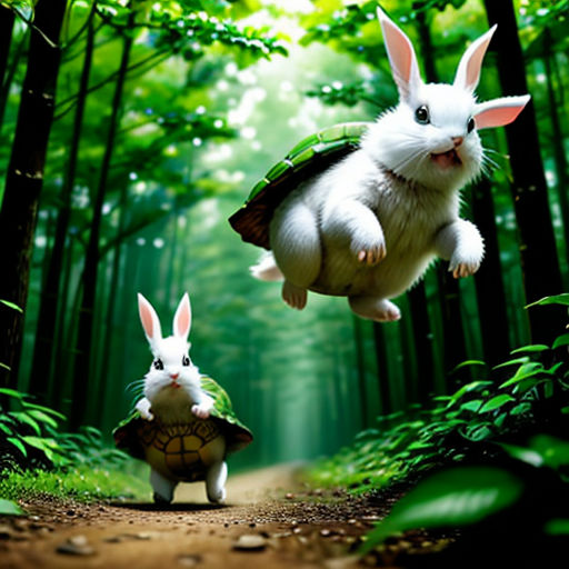 two rabbits are riding on a turtle in the woods with a rabbit on the back of it's back