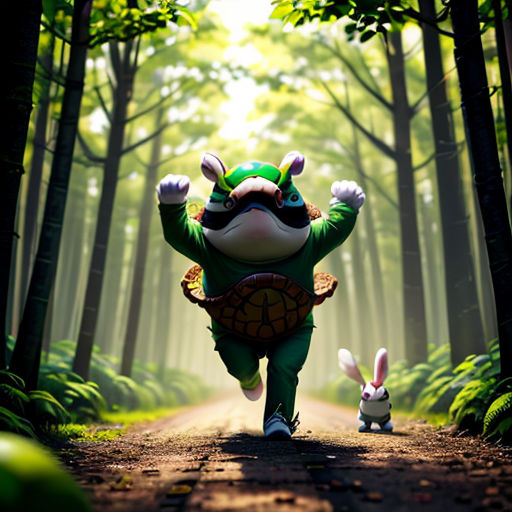 a person in a costume running down a road with a rabbit in the woods behind them and a forest scene behind them
