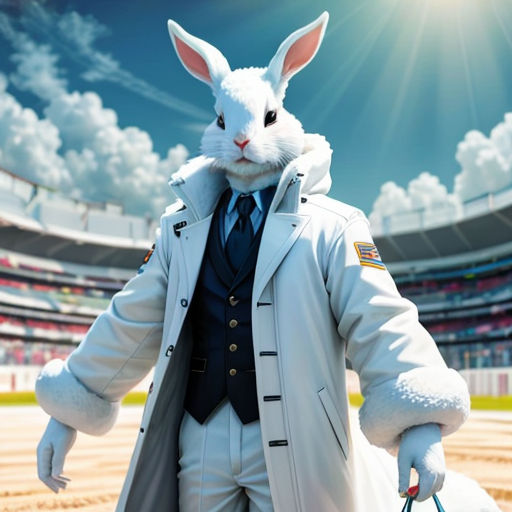 a man in a suit and bunny ears holding a bag in a stadium with a sky background and a stadium