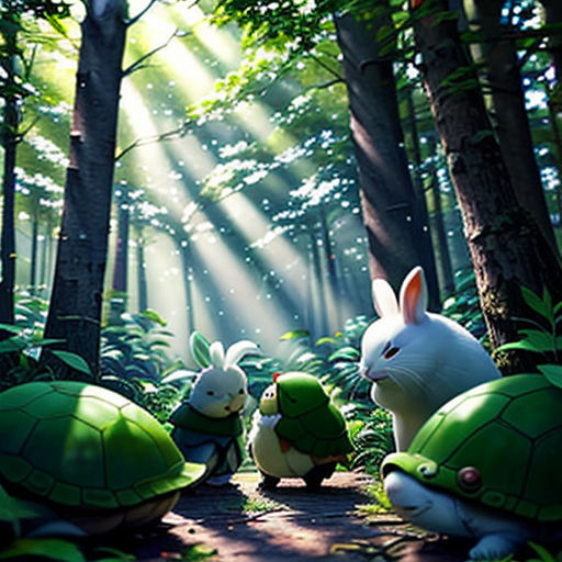 a group of rabbits and rabbits in the woods with sunbeams behind them and a forest scene with a rabbit and two rabbits