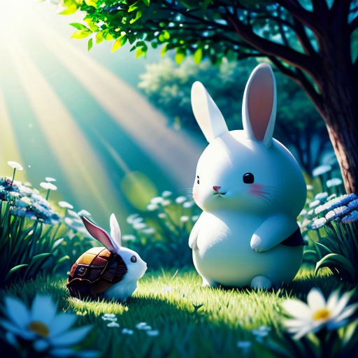 a rabbit and a bunny sitting in the grass with a tree in the background and daisies in the foreground