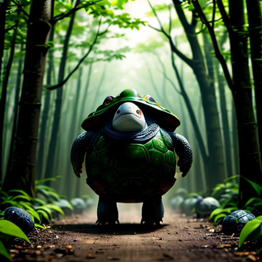 a cartoon turtle is walking through a forest with a hat on its head and a green turtle on its back