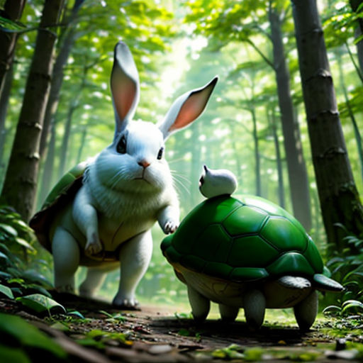 a rabbit and a turtle are in the woods together, one is holding the other's hand and the other is holding the turtle