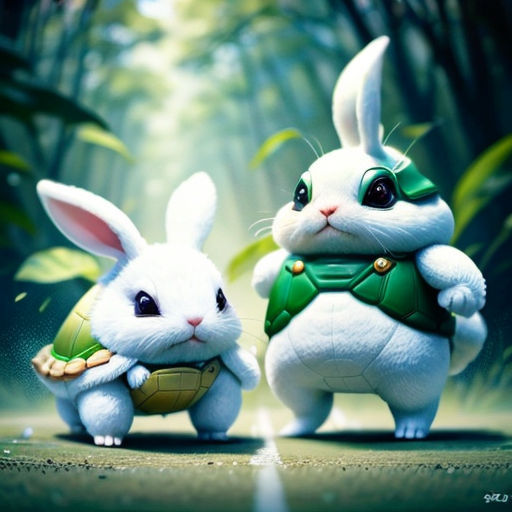 two white rabbits are standing in the middle of a forest with a turtle in its lap and a green bow tie on