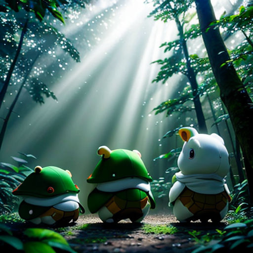 three little green animals sitting in the middle of a forest with sunbeams and stars shining down on them