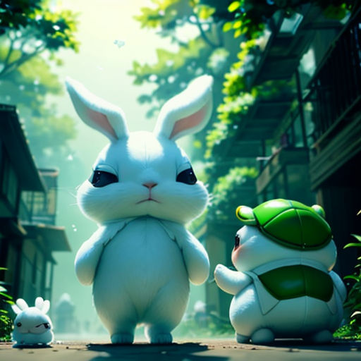 a rabbit and a bunny rabbit are standing in the middle of a street with a building in the background
