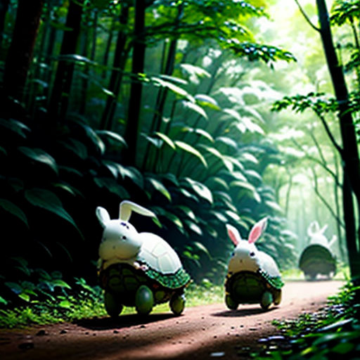 two rabbits riding on a cart in the woods with grass and trees behind them, with a path leading to them