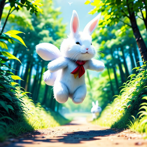a white rabbit is flying through the air in the forest with a red bow around its neck and ears