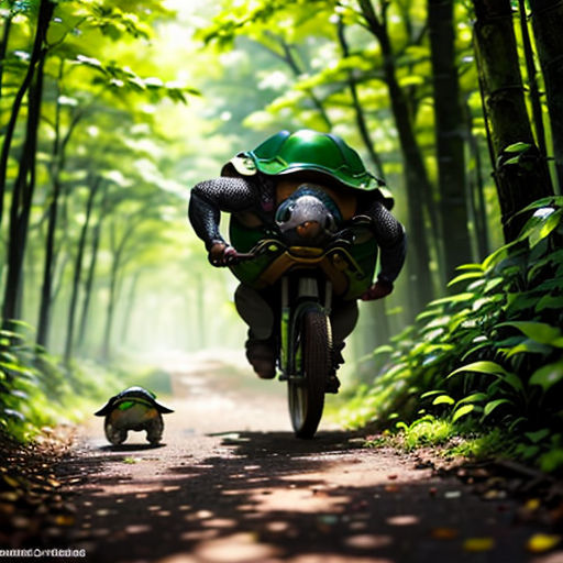 a person riding a bike down a dirt road next to a small dog on a leash and a green helmet