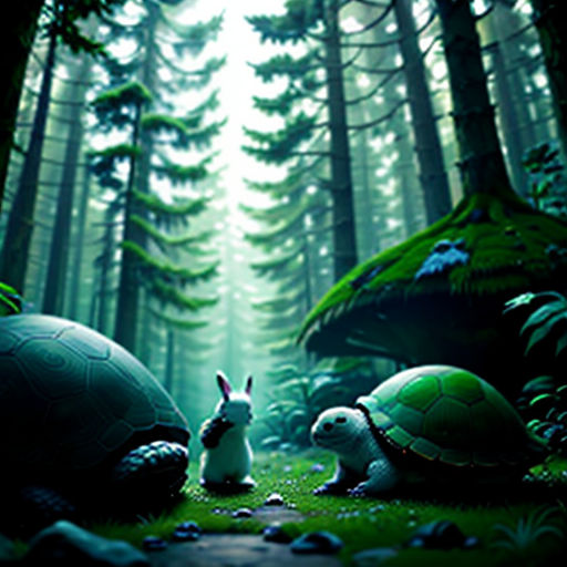 a rabbit and turtle in the woods with a forest background and trees and grass, with a forest scene in the background