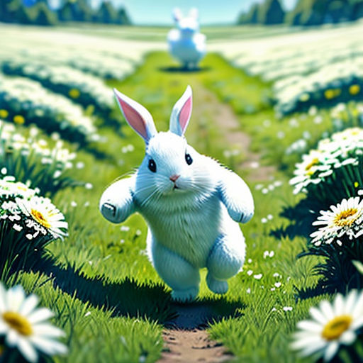 a rabbit running through a field of daisies with a bunny in the background and a bunny in the foreground