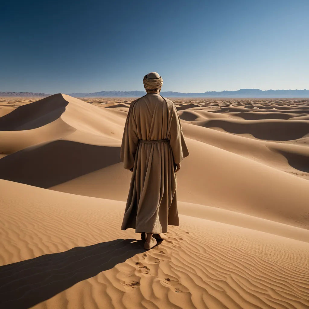a man in a robe walking across a desert landscape with sand dunes in the background and a blue sky, art photography, a detailed matte painting, Amir Zand, desert
