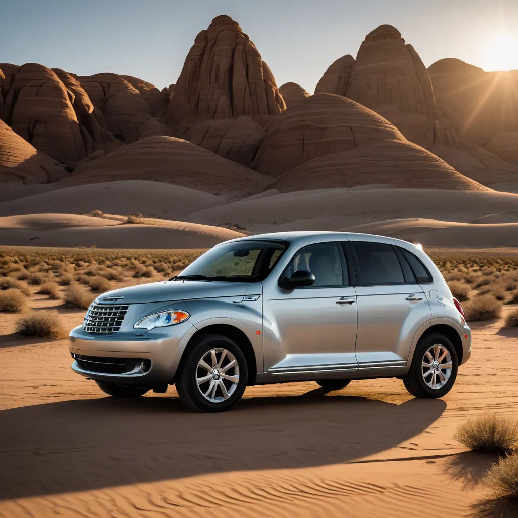a silver car driving through a desert area with mountains in the background and sun shining on the sand dunes, naturalism, a tilt shift photo, Douglas Shuler, desert