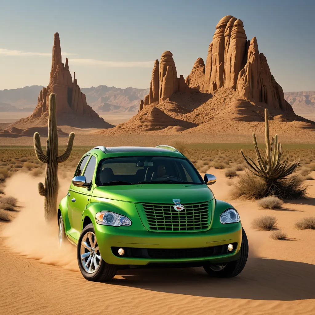 a green car driving through the desert with a cactus in the background and a desert landscape in the background, neoclassicism, a matte painting, Dosso Dossi, desert