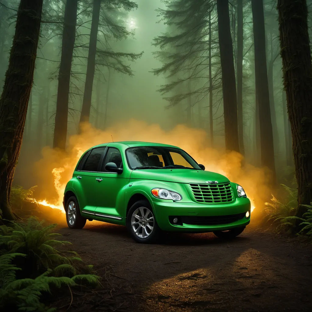a green car driving through a forest filled with trees and bushes on a foggy day with a bright yellow light, neoclassicism, a matte painting, Chris LaBrooy, photorealistic imagery