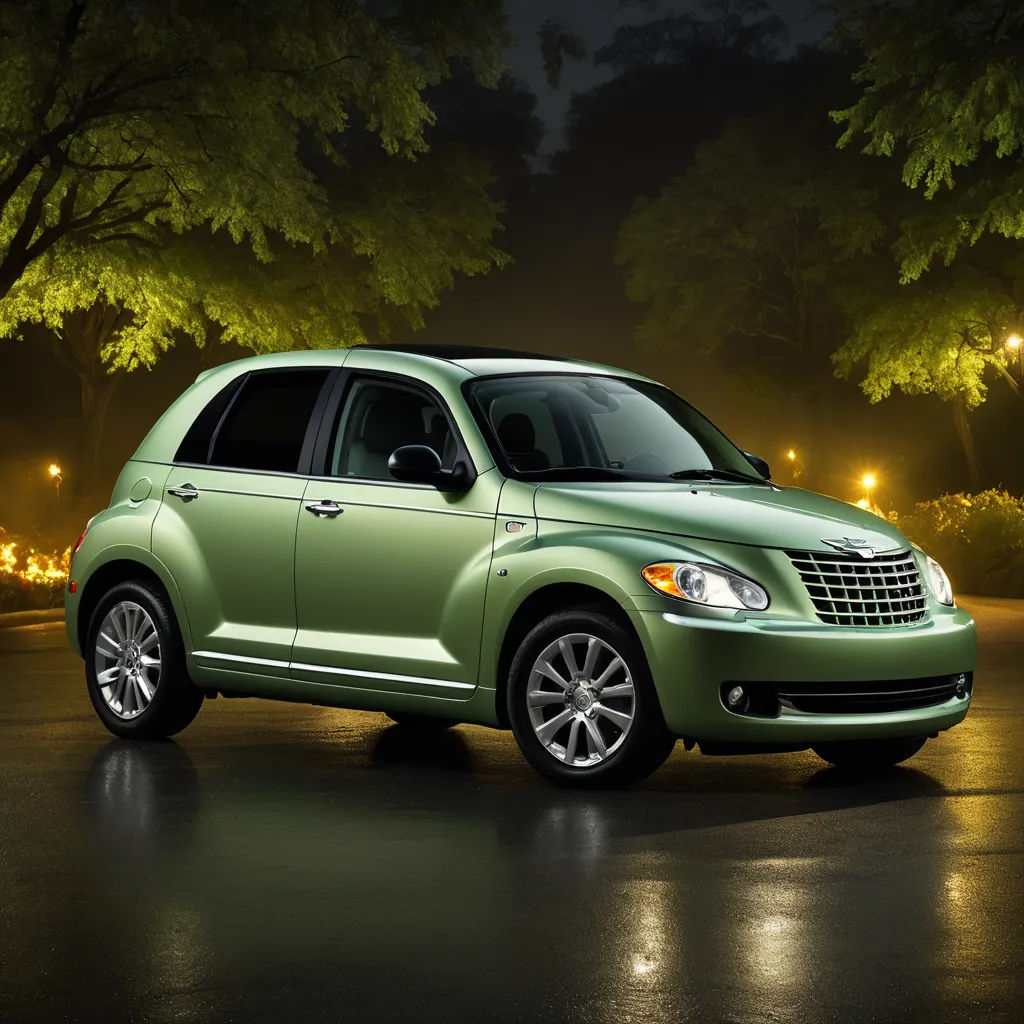 a green car parked in a parking lot at night time with lights on the trees in the background and a dark sky, neoclassicism, a digital rendering, Christopher Moeller, finely detailed features