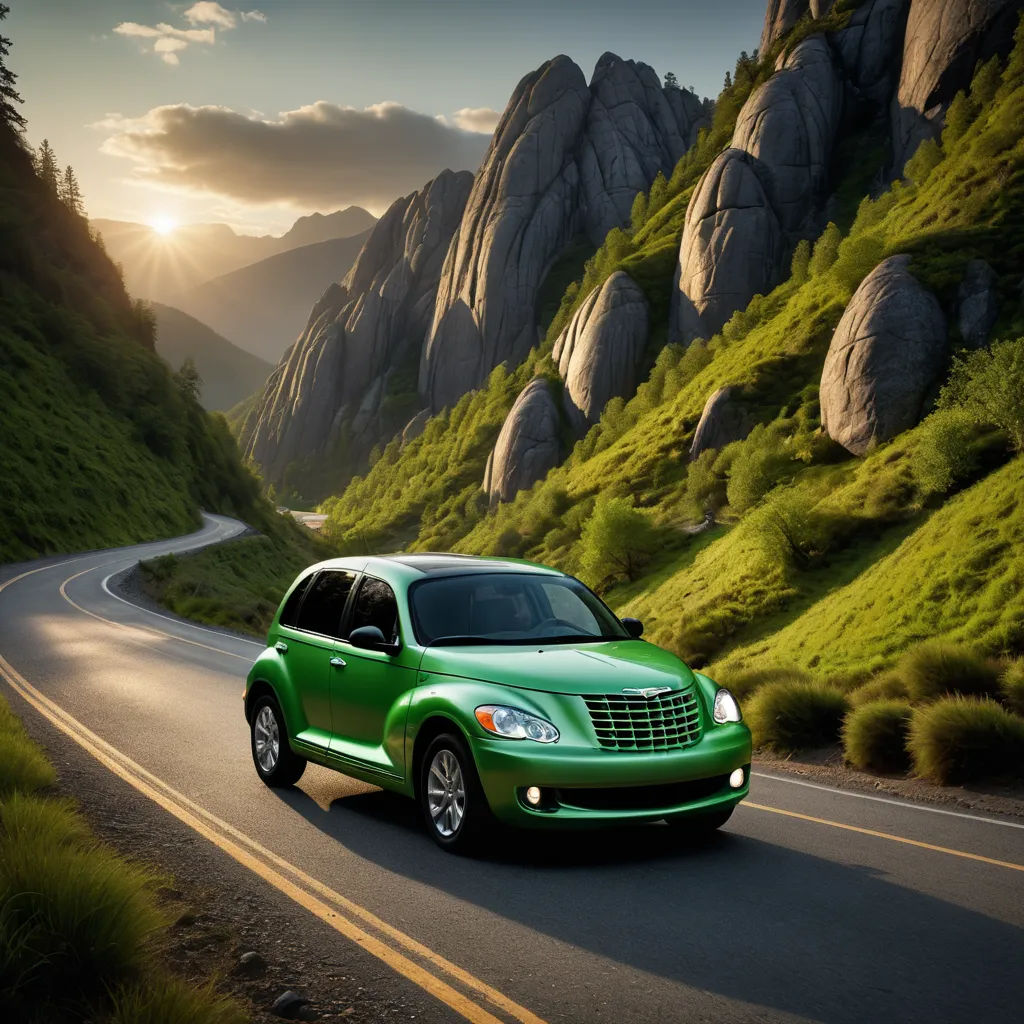 a green car driving down a road near a mountain range at sunset or dawn with the sun shining on the mountains, photorealism, a digital rendering, Art Green, photorealistic imagery