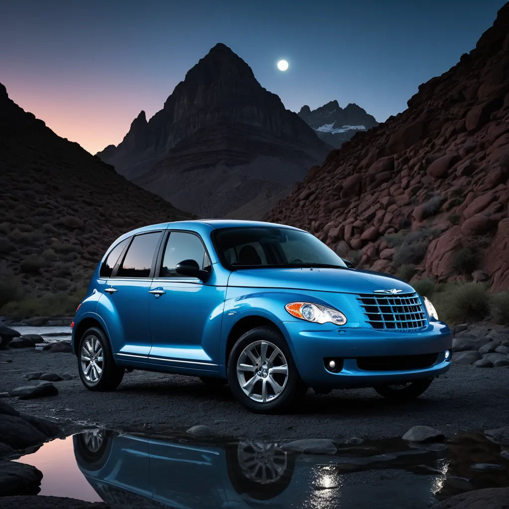a blue car parked in front of a mountain range at night with a full moon in the sky above, neoclassicism, a digital rendering, Carl Morris, pathfinder