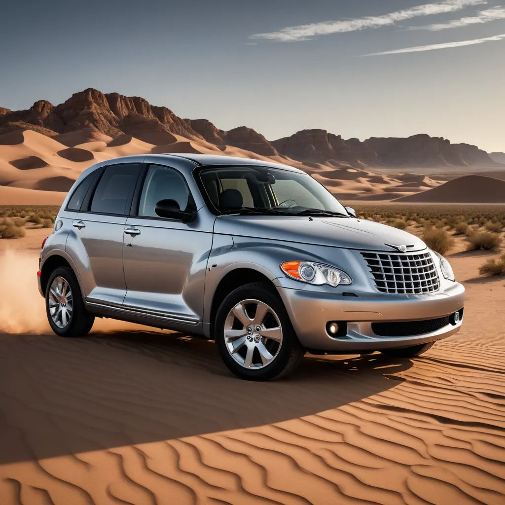 a silver suv driving through the desert with sand dunes in the background and a mountain range in the distance, neoclassicism, a tilt shift photo, Christopher Moeller, desert