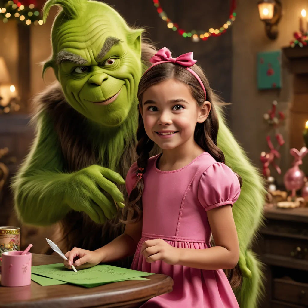 a girl in a pink dress standing next to a green monster in a pink dress and a green card, photorealism, a stock photo, disney, promotional image
