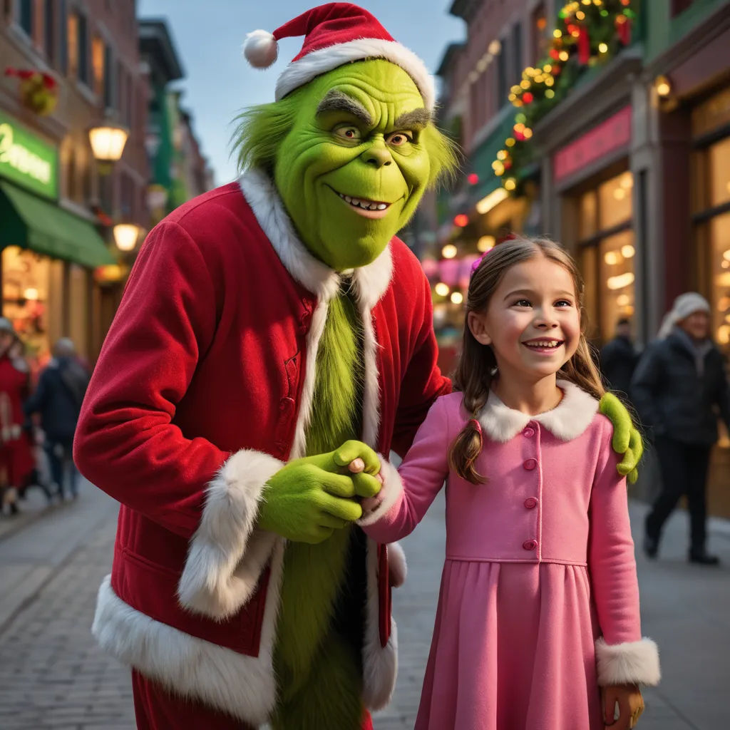a girl standing next to a grinch on a street corner with a man dressed as santa clause on, dau-al-set, a stock photo, disney, promotional image