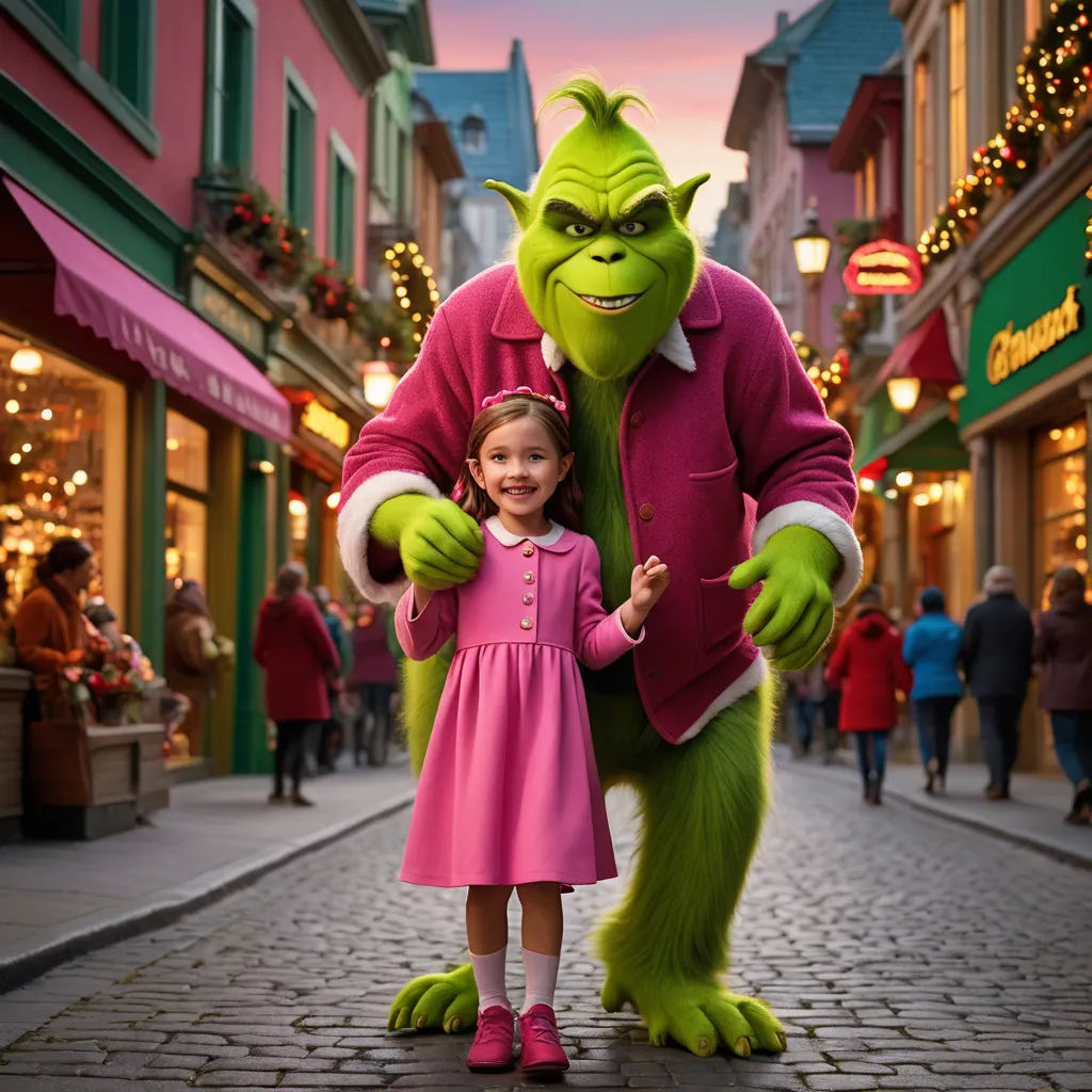 a girl and a grin face in a street with a street light in the background and a street sign in the foreground, dau-al-set, a stock photo, disney, promotional image