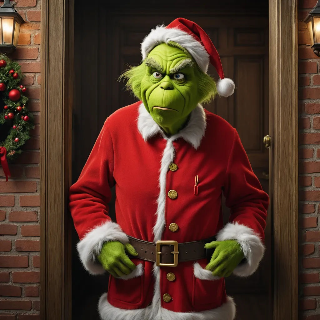 a grin face dressed in a santa suit and holding a belted belt, standing in front of a door, photorealism, a character portrait, Ernest William Christmas, unreal 5 render