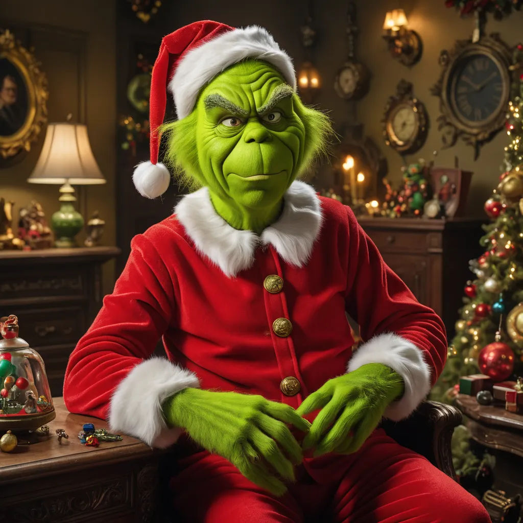 a man dressed as the grinch sitting in a chair in a living room with christmas decorations and a christmas tree, cynical realism, a character portrait, Ernest William Christmas, vfx