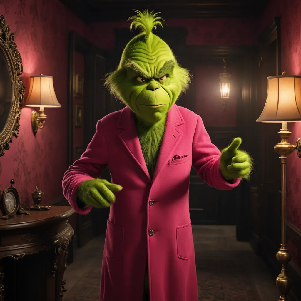 a man in a pink suit and a green grin face in a hallway with a mirror and lamp on the wall, private press, a character portrait, Edward George Handel Lucas, vfx