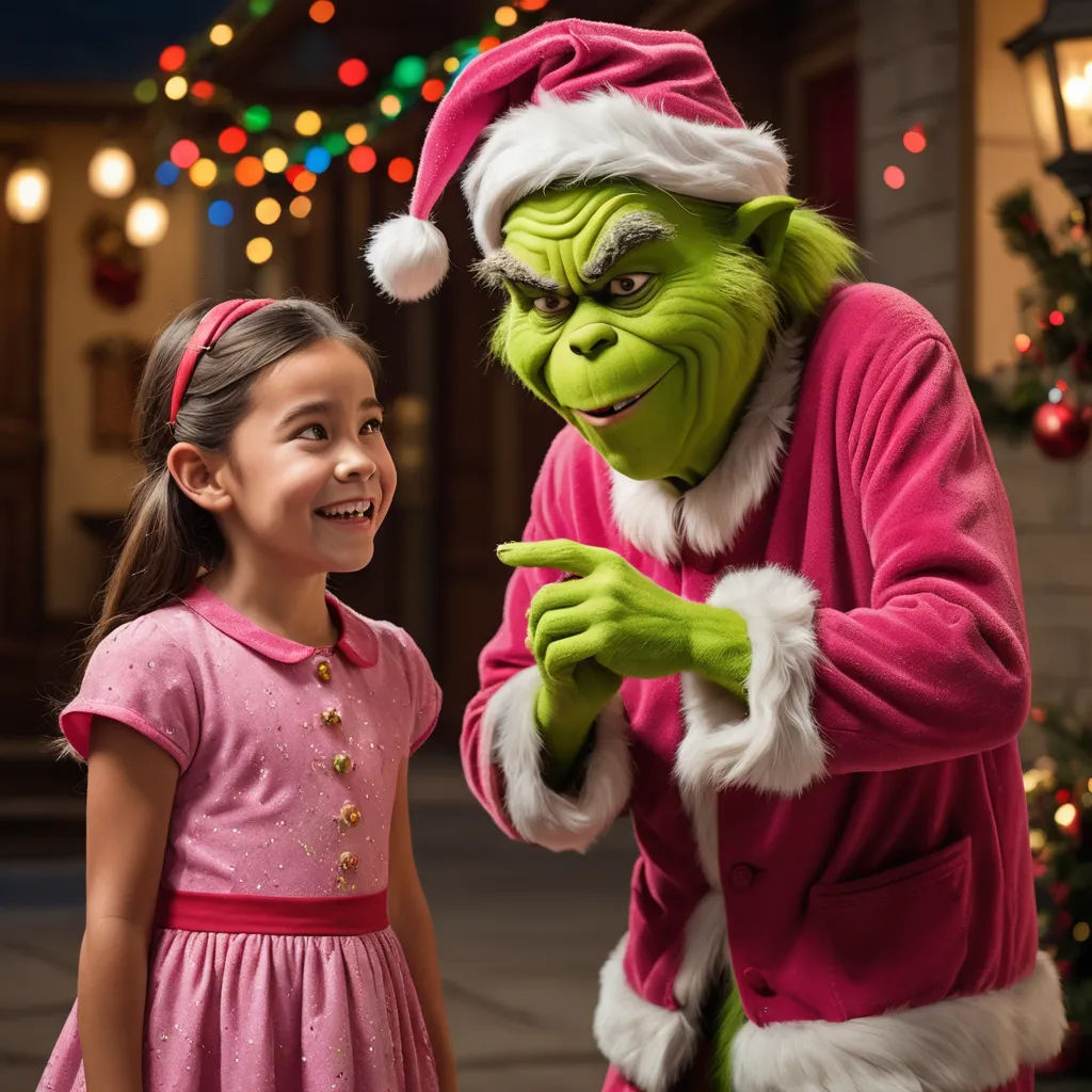 a girl standing next to a grin face in a pink dress and santa hat with a grin face on, dau-al-set, a stock photo, disney, promotional image