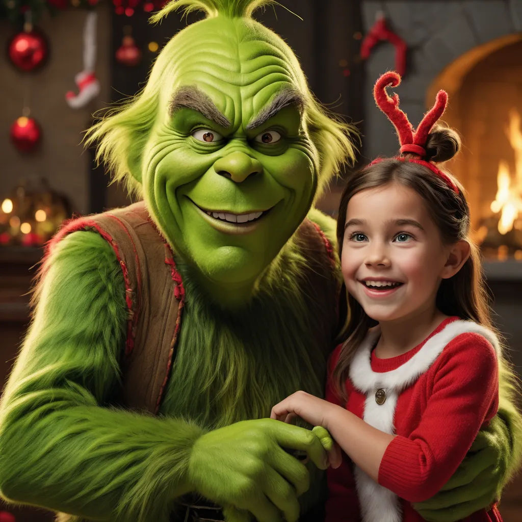 a girl and grin - like character pose for a picture in front of a fireplace in a christmas scene, photorealism, a poster, Ernest William Christmas, promotional image