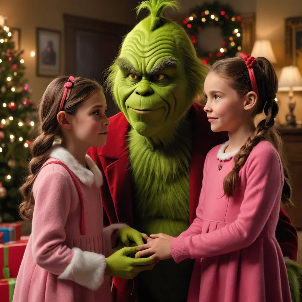 two girls standing next to a grin face in a living room with a christmas tree in the background and a christmas tree in the background, antipodeans, a poster, Ernest William Christmas, promotional image