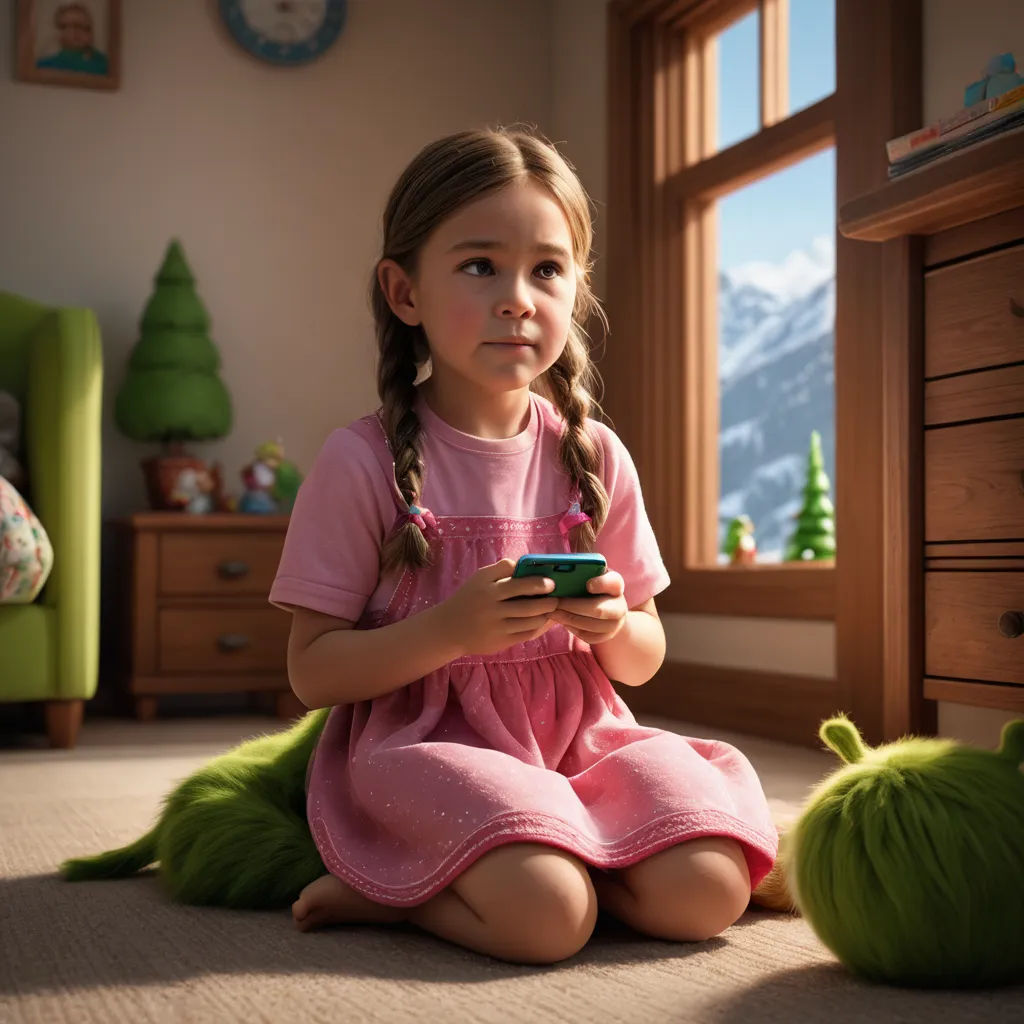 a little girl sitting on the floor playing with a remote control in her hand and a green stuffed animal, photorealism, a 3D render, Chris LaBrooy, cgstudio