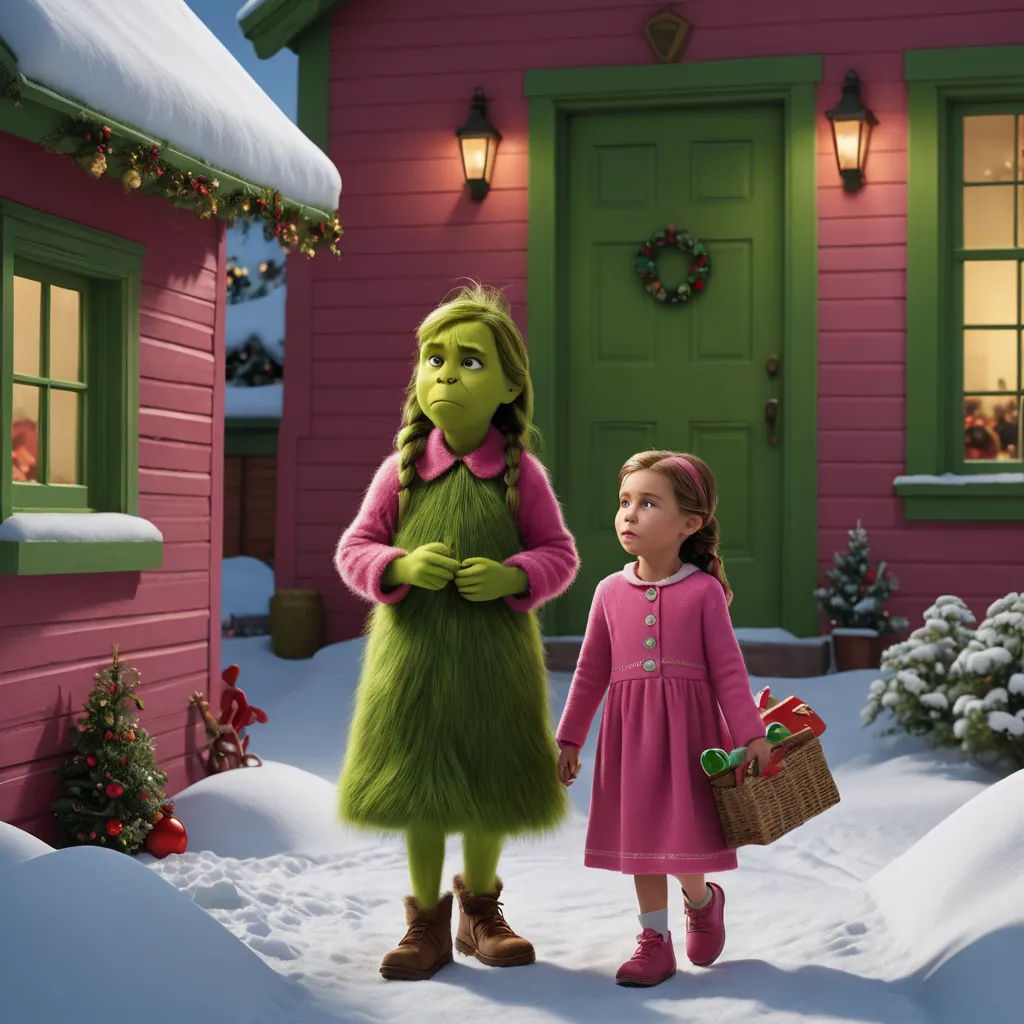 a girl and a grin face each other in front of a house with a christmas tree and wreath on it, naive art, a poster, Celia Fiennes, promotional image