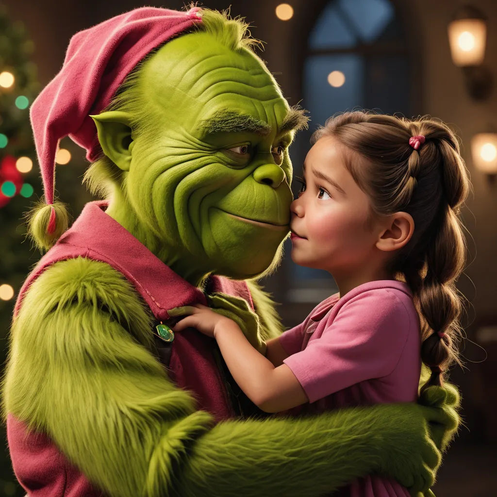 a little girl hugging a grin face in front of a christmas tree with lights on it and a grin face, photorealism, a poster, Doug Ohlson, promotional image