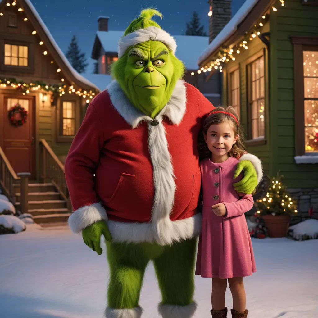 a girl standing next to a large grinch in the snow with a christmas light on the house behind her, photorealism, a poster, Doug Ohlson, promotional image