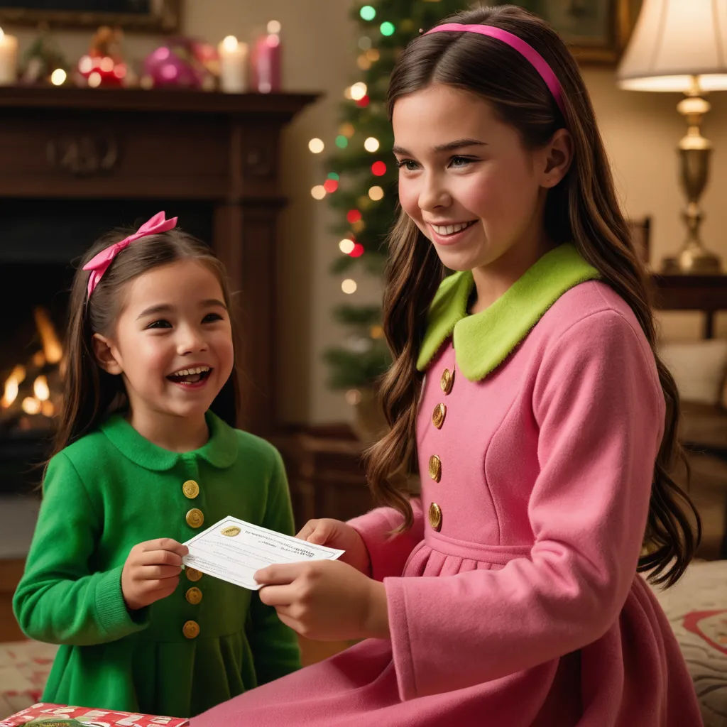 a girl and a girl in green and pink are smiling and holding a piece of paper in front of a fireplace, private press, a storybook illustration, Christian Hilfgott Brand, promotional image
