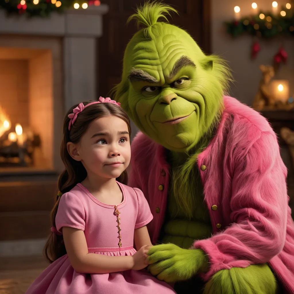 a little girl standing next to a grin face character in a pink dress and a green grin costume on, photorealism, a poster, disney, promotional image