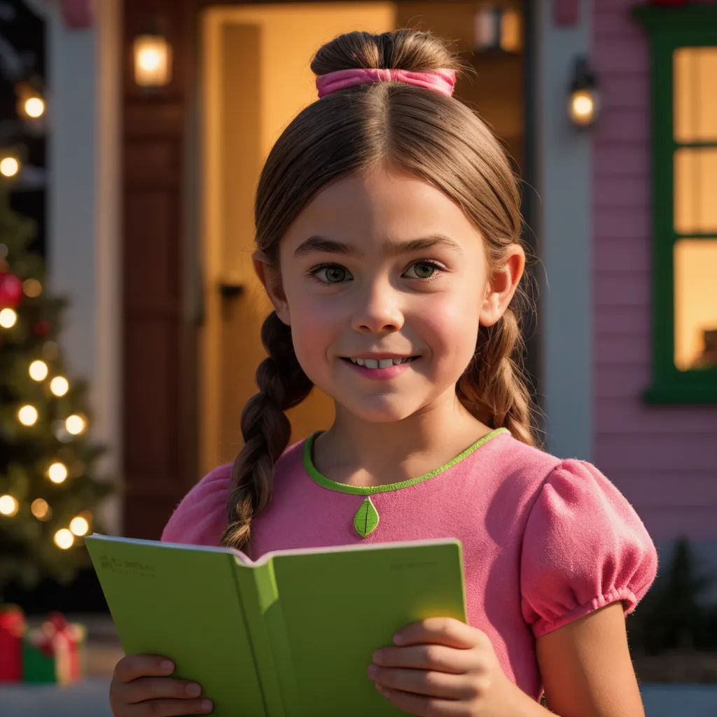 a little girl is reading a book outside of a house with a christmas tree in the background and a lit up christmas tree, photorealism, a storybook illustration, Brigette Barrager, promotional image