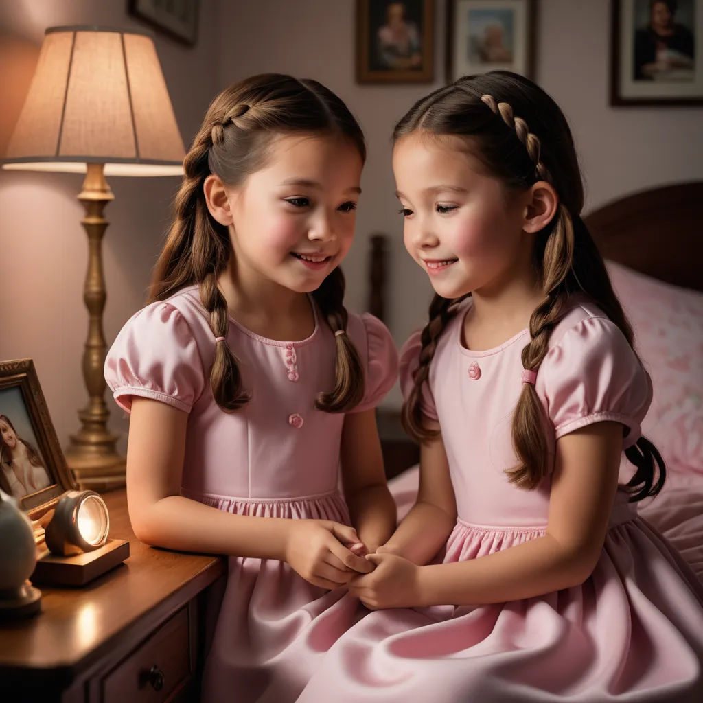 two little girls sitting on a bed next to a lamp and a picture frame on a table with a lamp, art photography, a storybook illustration, Daniel Lieske, award - winning photography